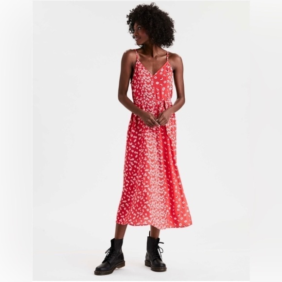 American Eagle red white floral midi‎ slip dress size s bohemian - Picture 1 of 9